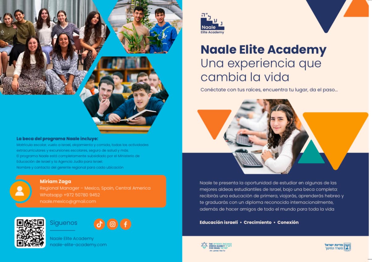 aale Elite Academy presenta en España el programa de estudios secundarios en Israel.Una oportunidad para estudiar en algunas de las mejores aldeas estudiantiles de Israel, bajo una beca completa.Educación israelí • Crecimiento • ConexiónInteresados pueden contactar con Miriam Zaga: miriam.za@naale.org.il , vía WhatsApp  +972507809452.Miriam estará en España el 14 de enero disponible para presentar el programa el detalle.